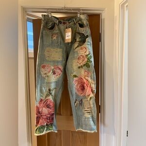 Magnolia Pearl Floral Distressed Jeans - Blue and Pink